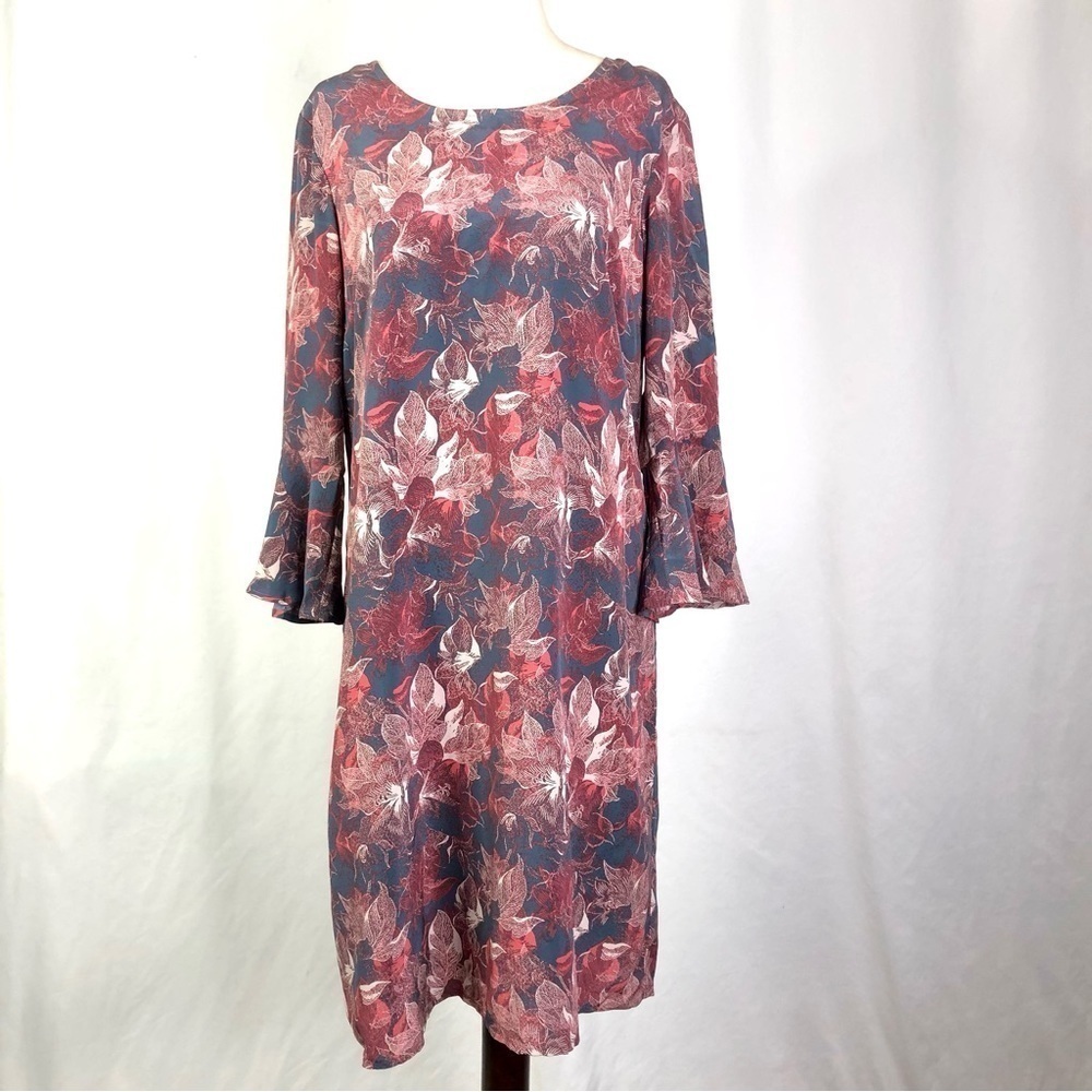 Garnet Hill 100% silk dress floral grey coral white 4